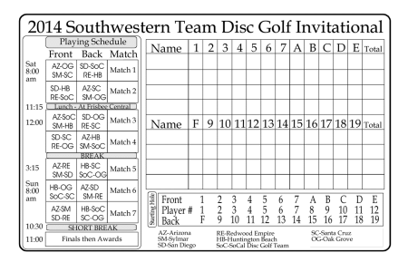 2014 Southwestern Team Disc Golf Invitational - Scorecard